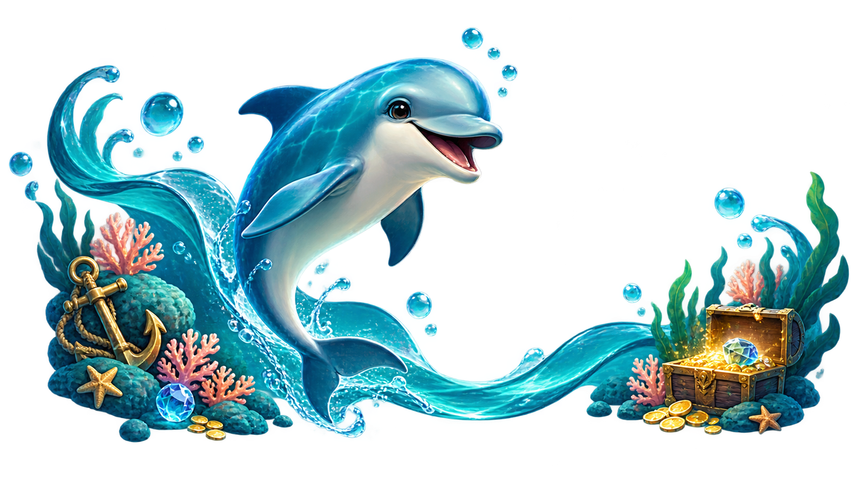 SeaLifeHits dolphin, treasure and ocean illustration
